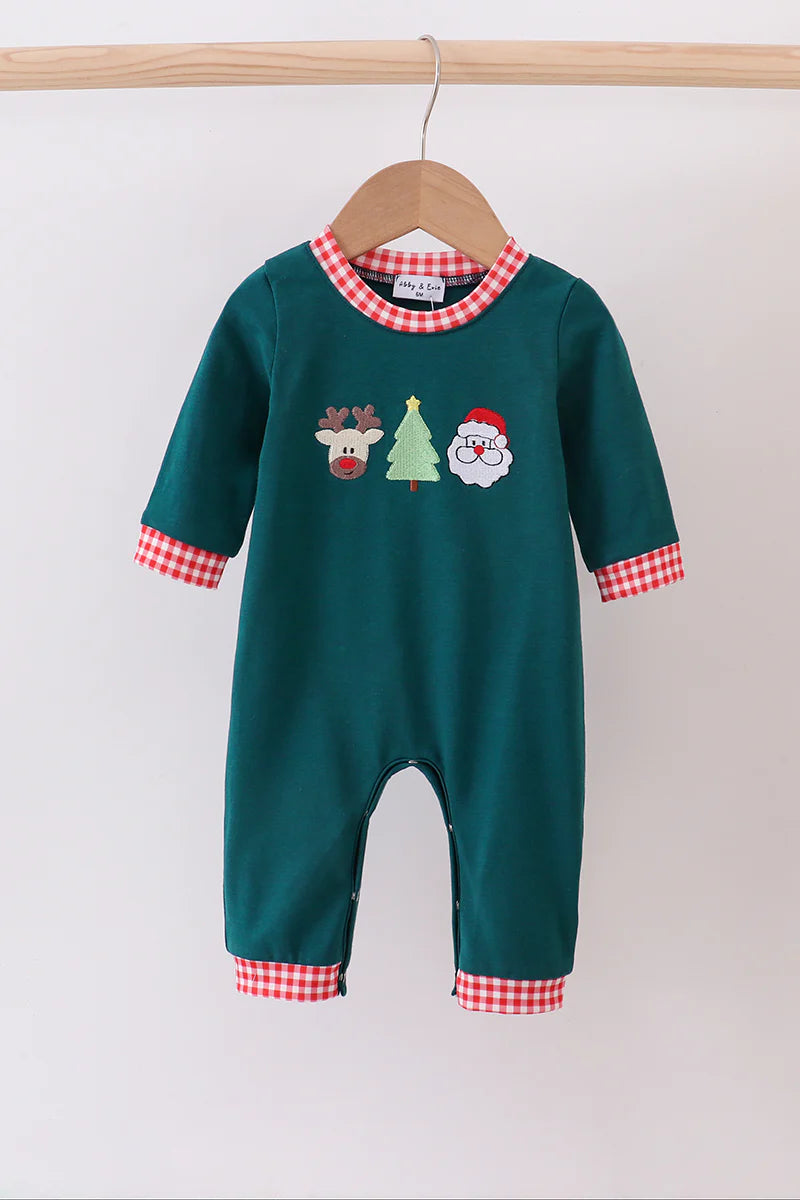 Green Christmas santa claus embroidery romper