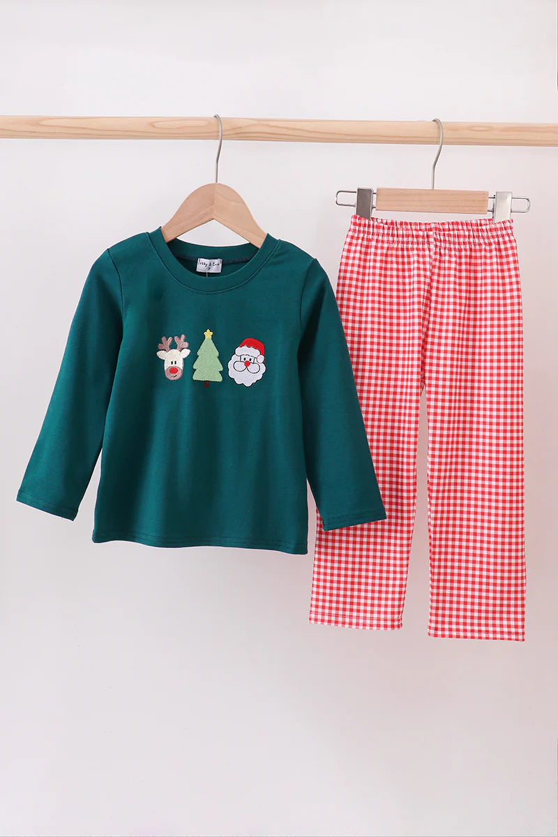 Green Christmas santa claus embroidery pants set