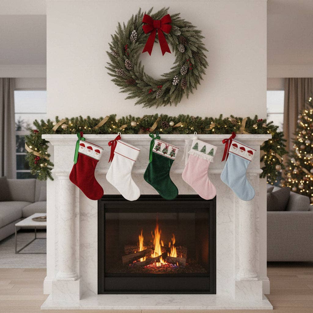 Pink Velvet Christmas Tree Smocked Stocking