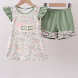 Green floral print bow ruffle shorts set