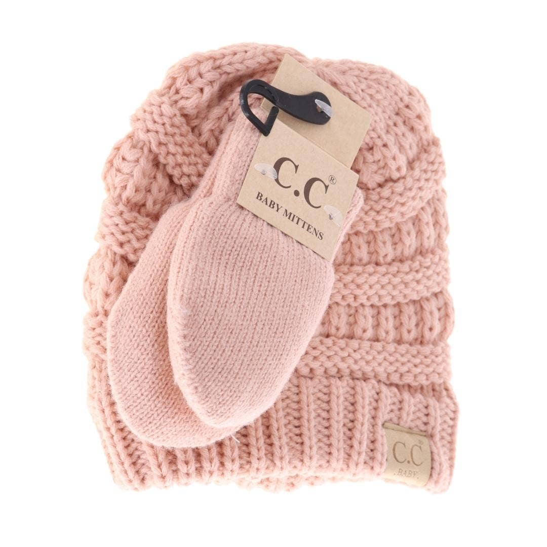 C.C BABY Solid Beanie with Mittens - Knit Hat BabySet1: Indie Pink