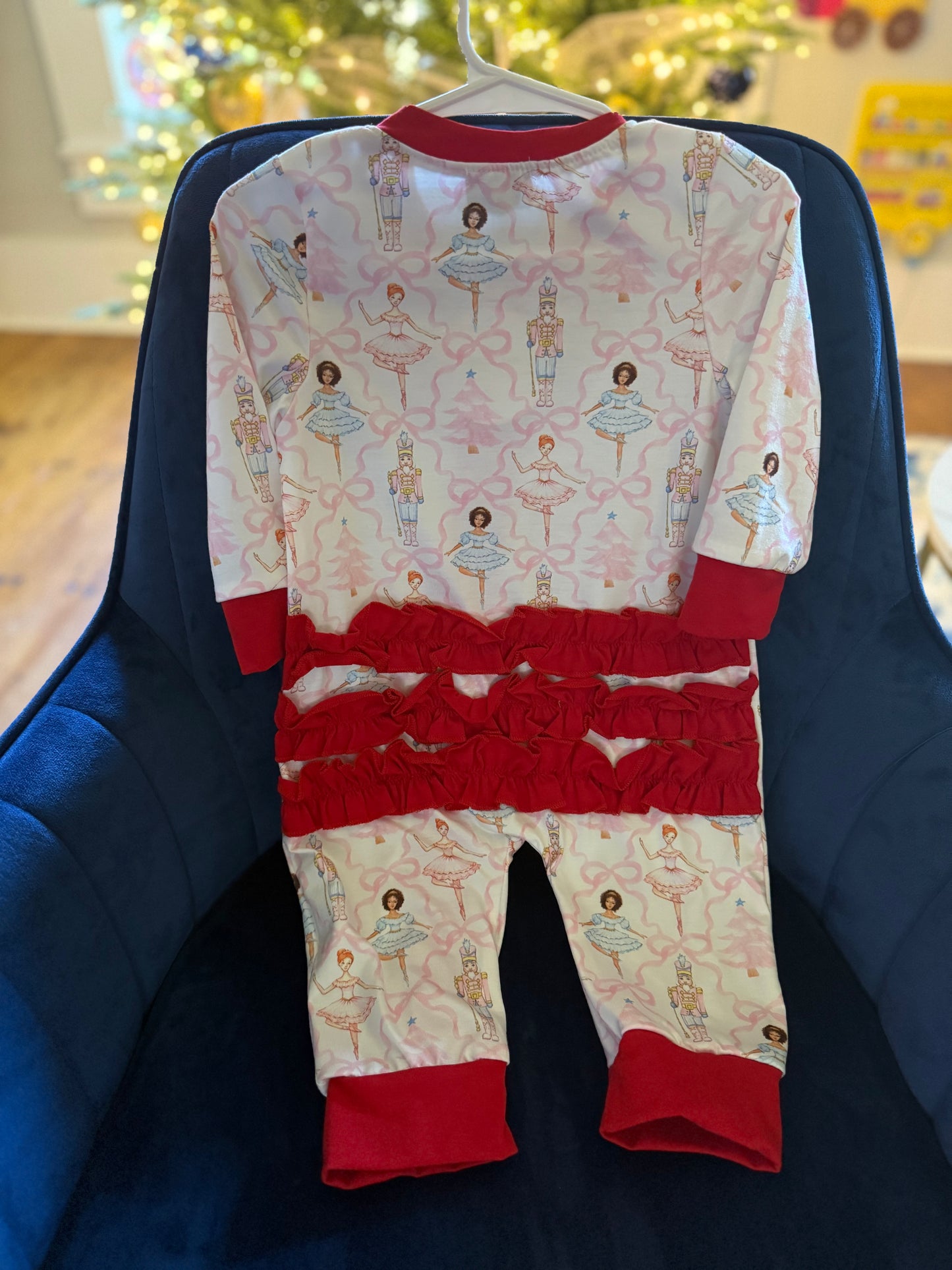 Red nutcracker print ruffle zip girl romper
