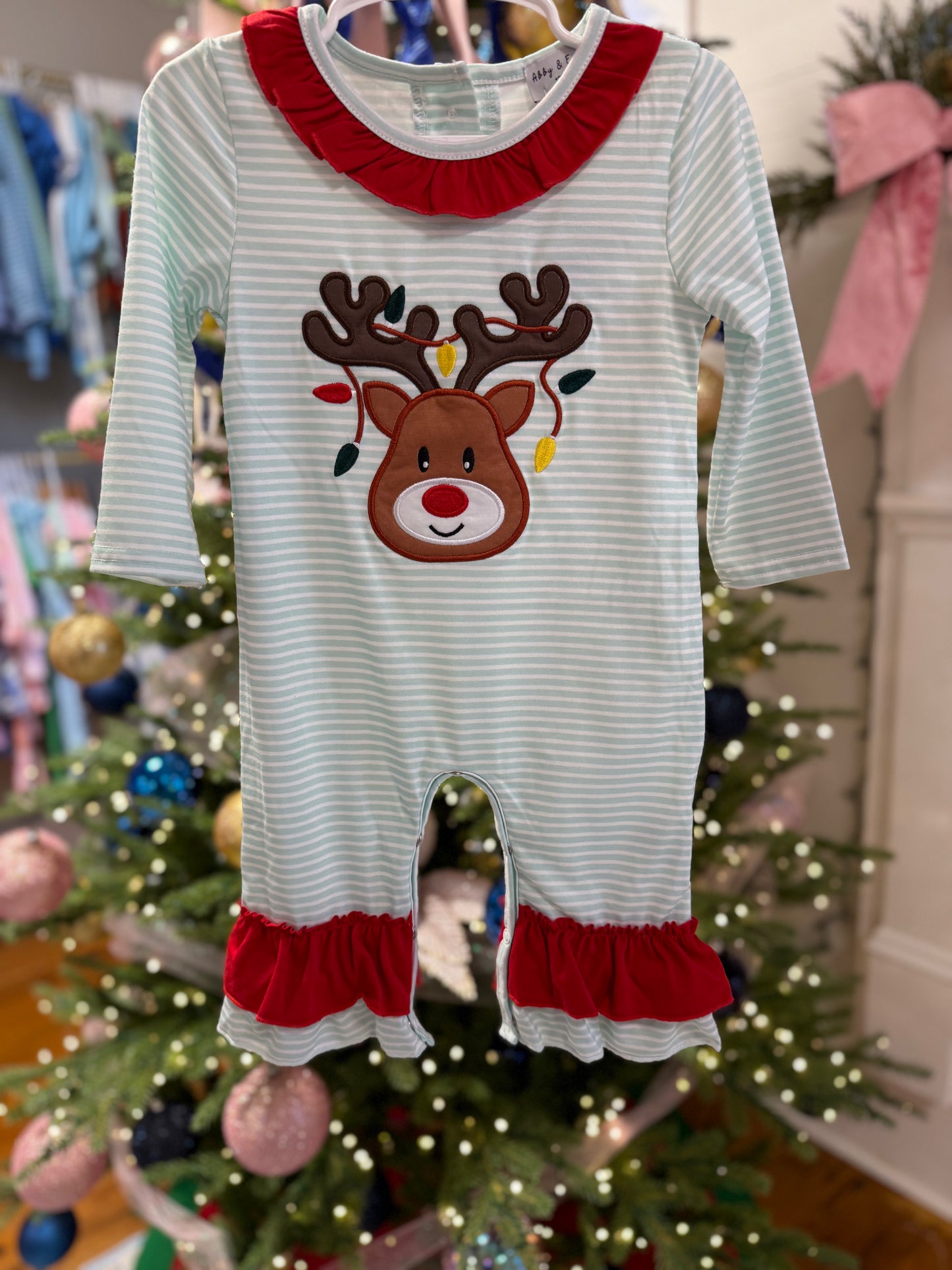Blue reindeer applique stripe ruffle romper