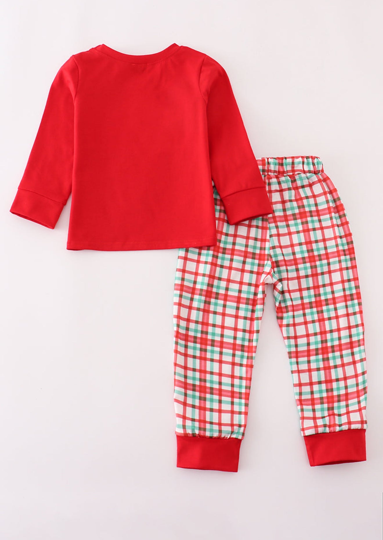 Red santa claus embroidery plaid pants set