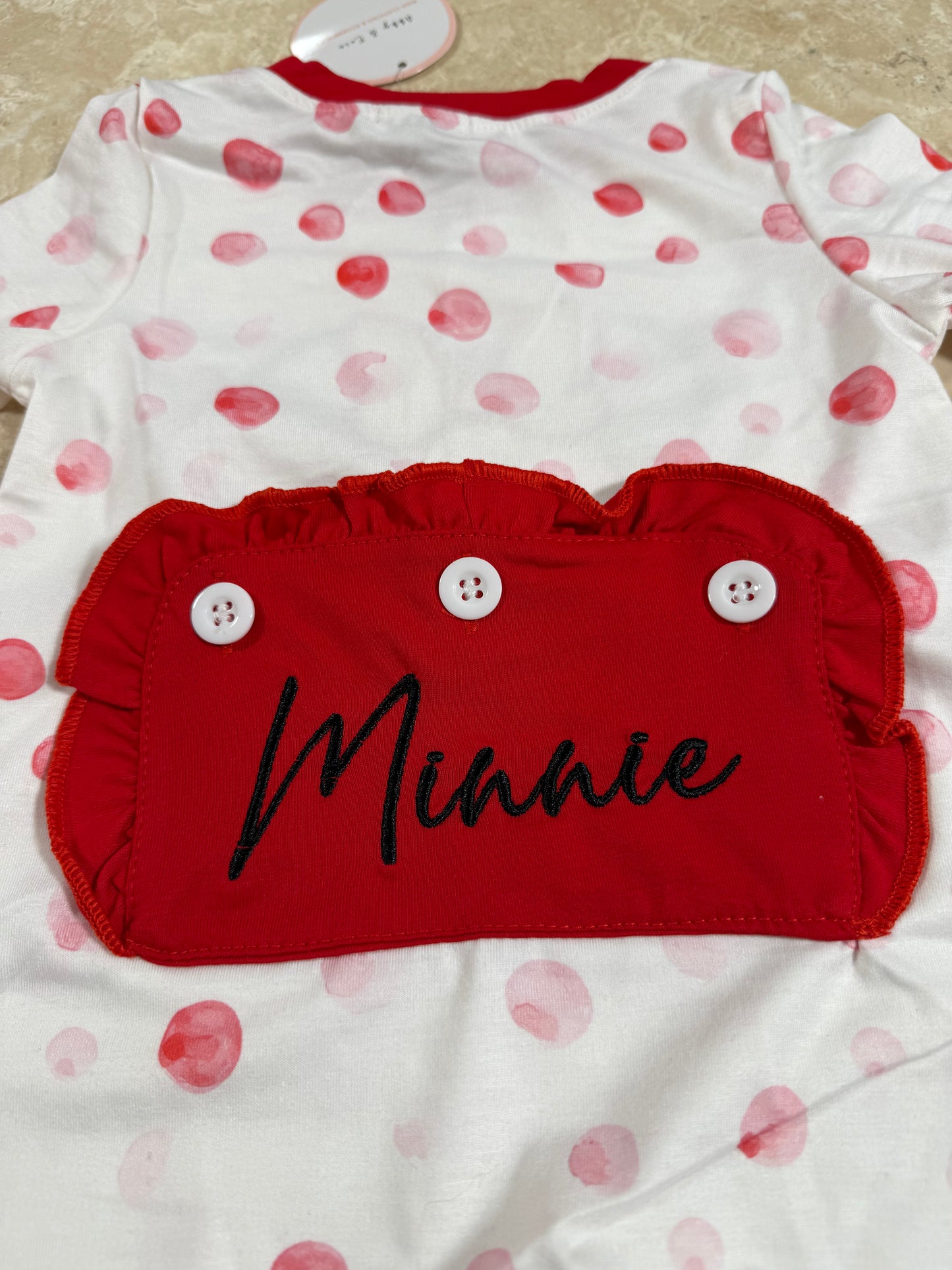 Red polka dot character applique romper