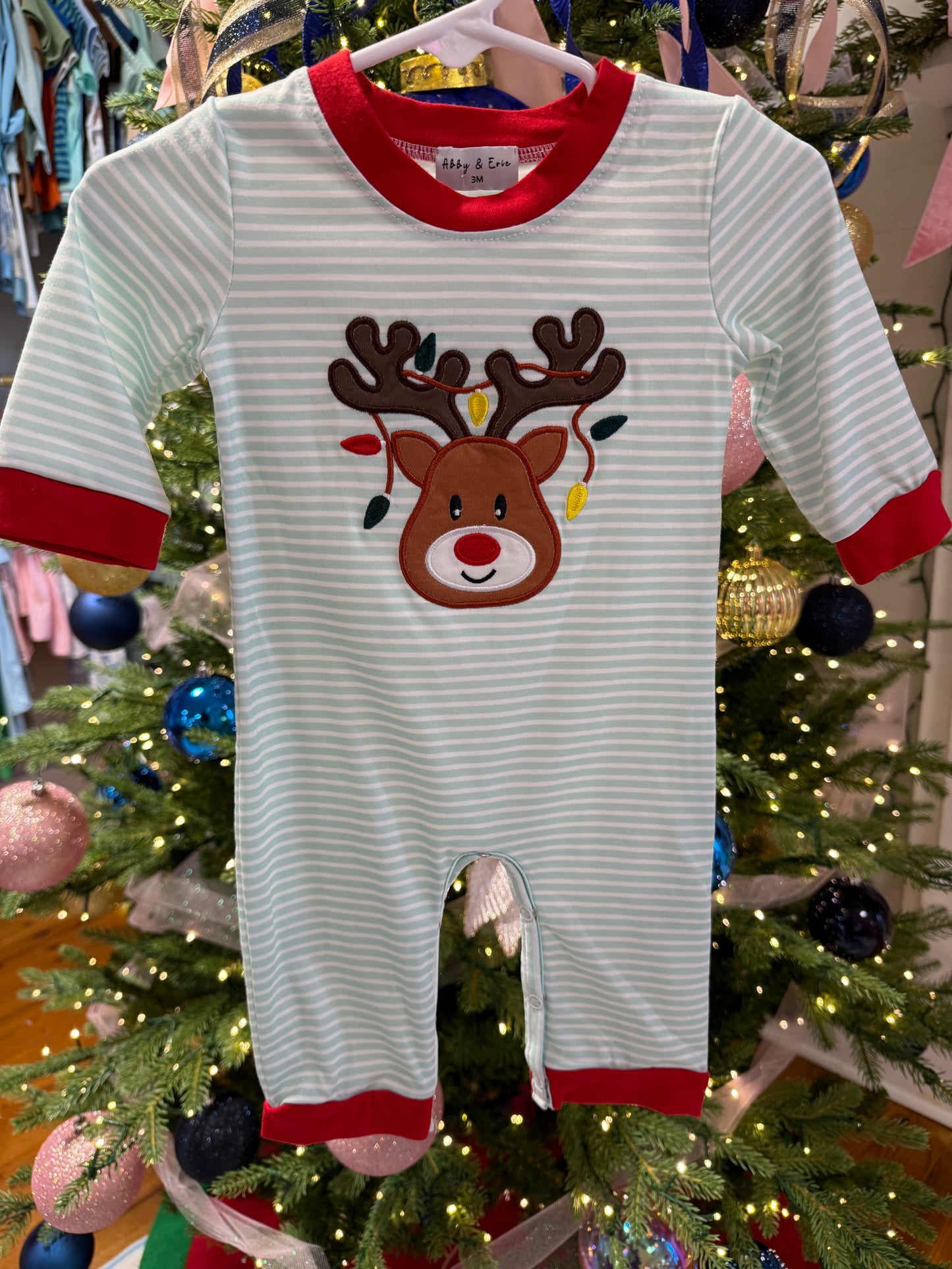 Blue reindeer applique stripe romper