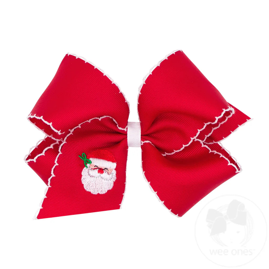 King Grosgrain Hair Bow with Moonstitch Edge and Christmas Santa Embroidery