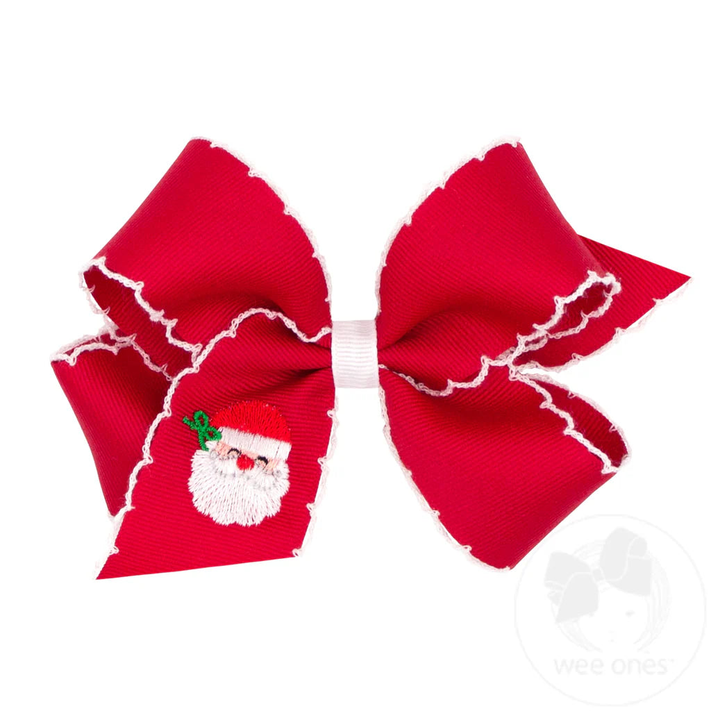 Medium Grosgrain Hair Bow with Moonstitch Edge and Christmas Santa Embroidery