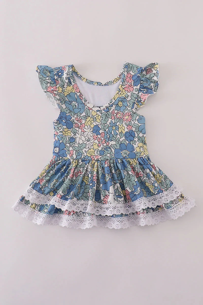 Blue floral lace ruffle leotard