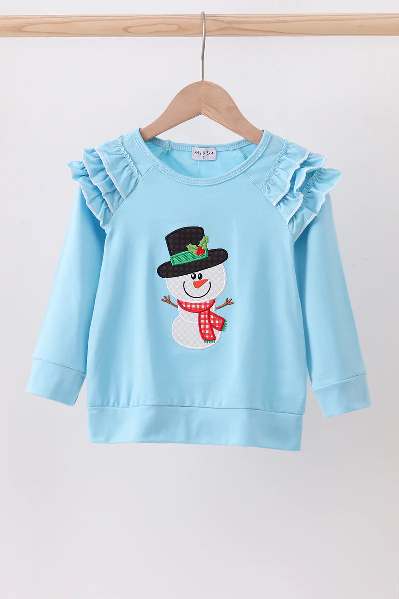 Blue snowman applique ruffle top