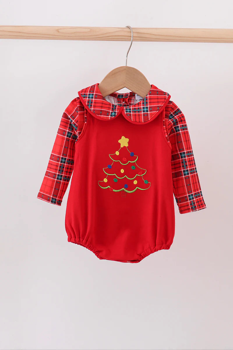 Red tree embroidery plaid bubble set