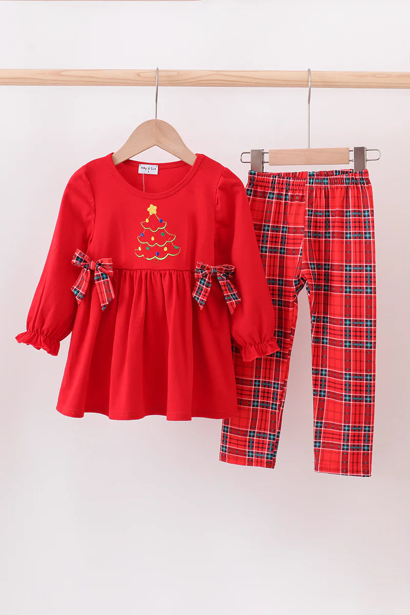 Red tree embroidery plaid bow pants set