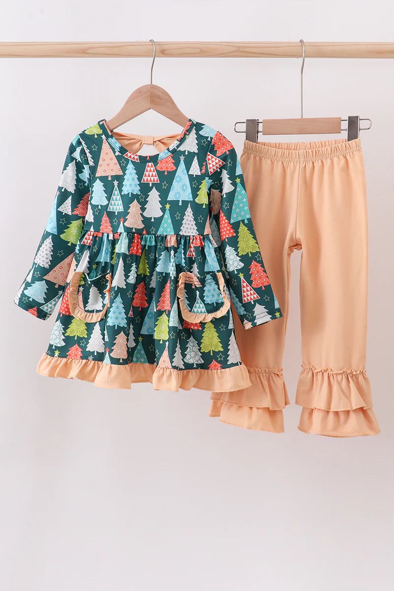 Green tree print ruffle pants set
