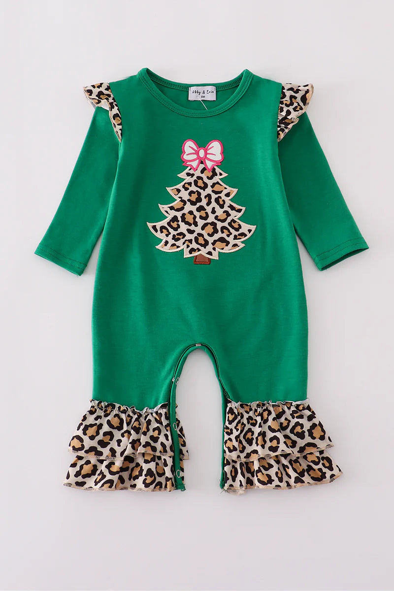 Forest tree applique leopard ruffle romper