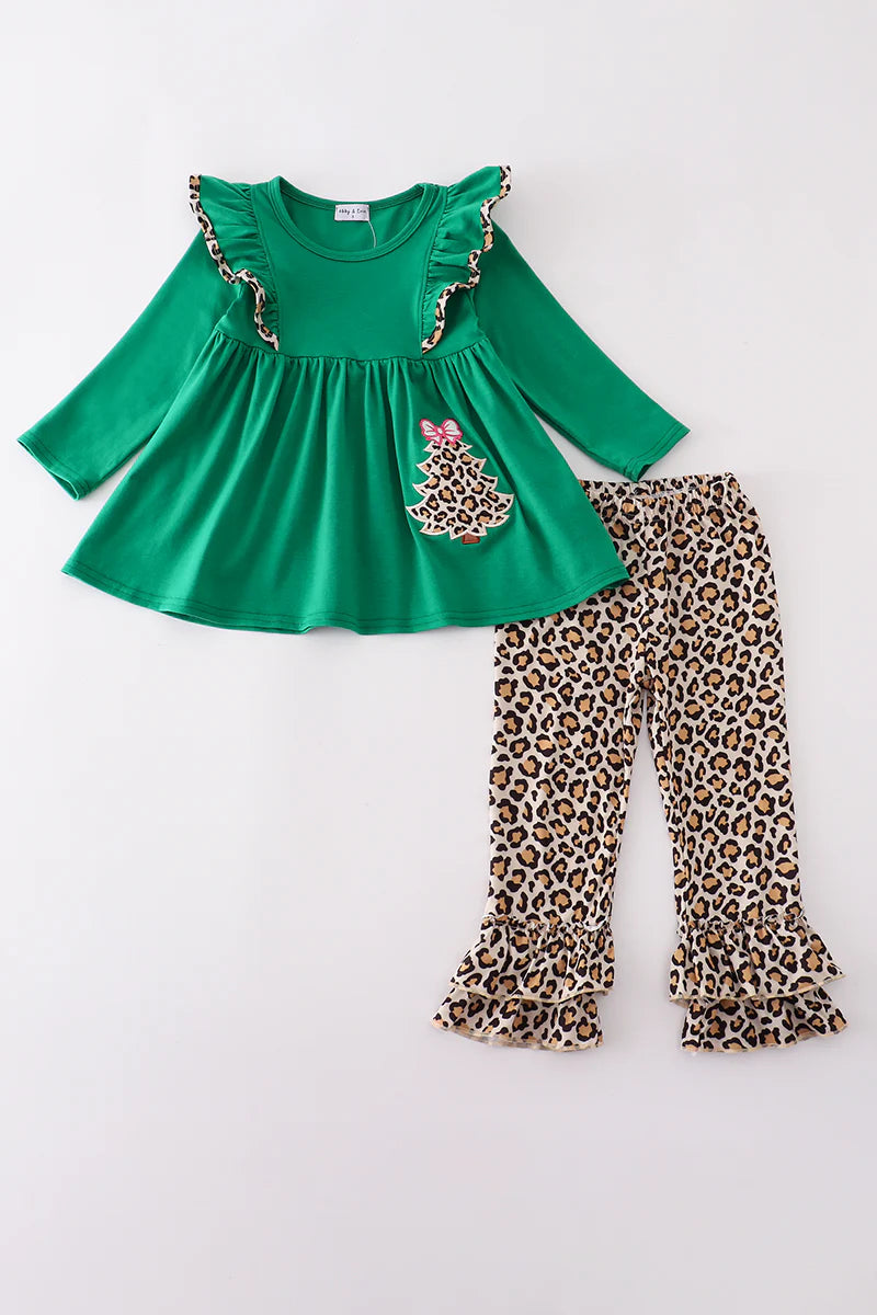 Forest tree applique leopard ruffle pants set