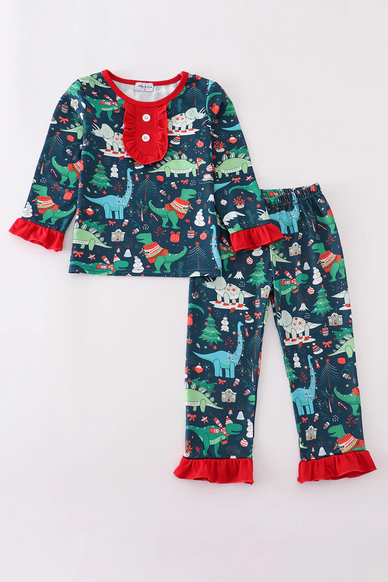 Green dinosaur print ruffle pants set