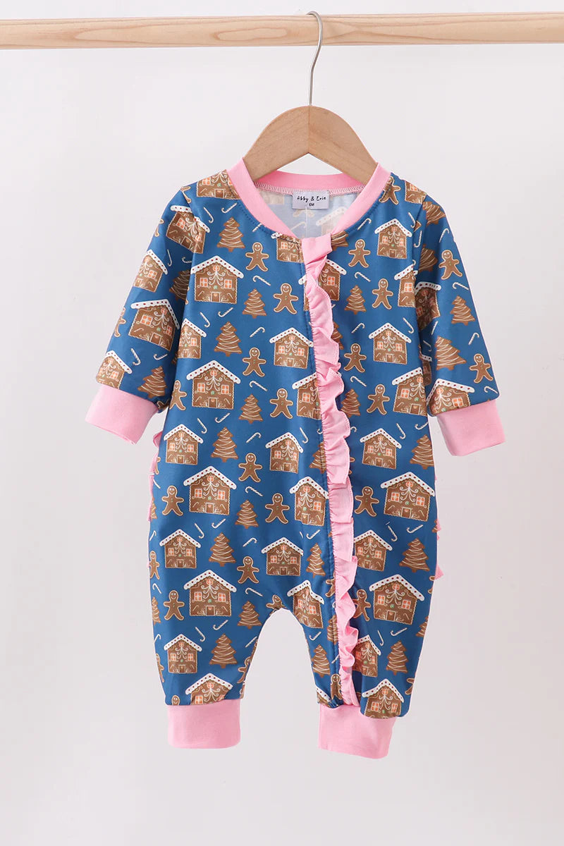 Navy gingerbread print ruffle romper