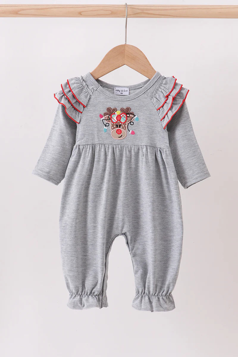 Grey reindeer applique ruffle romper