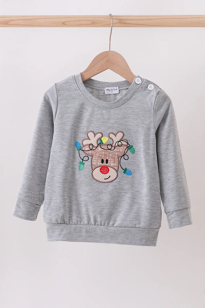 Grey reindeer applique top