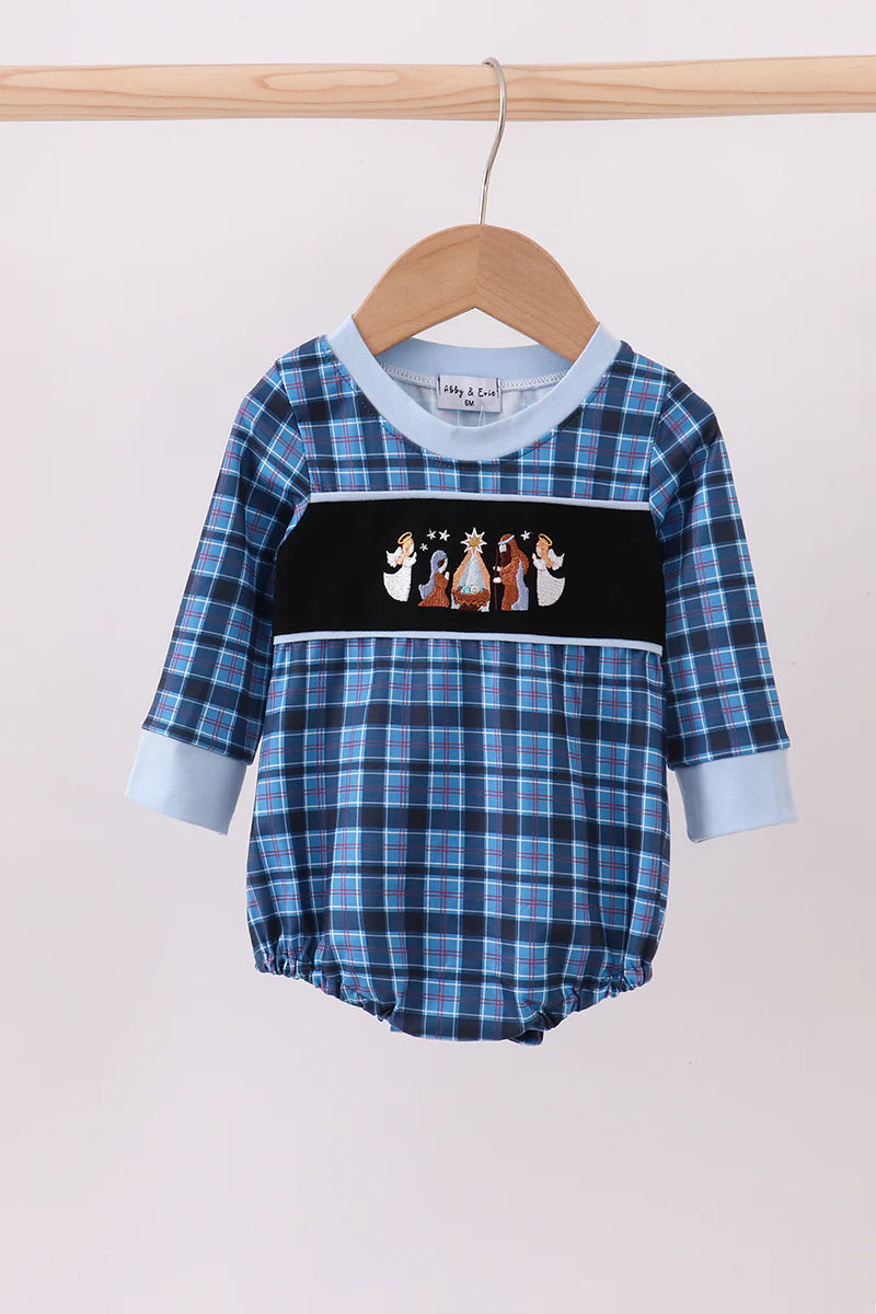 Navy nativity embroidery plaid bubble