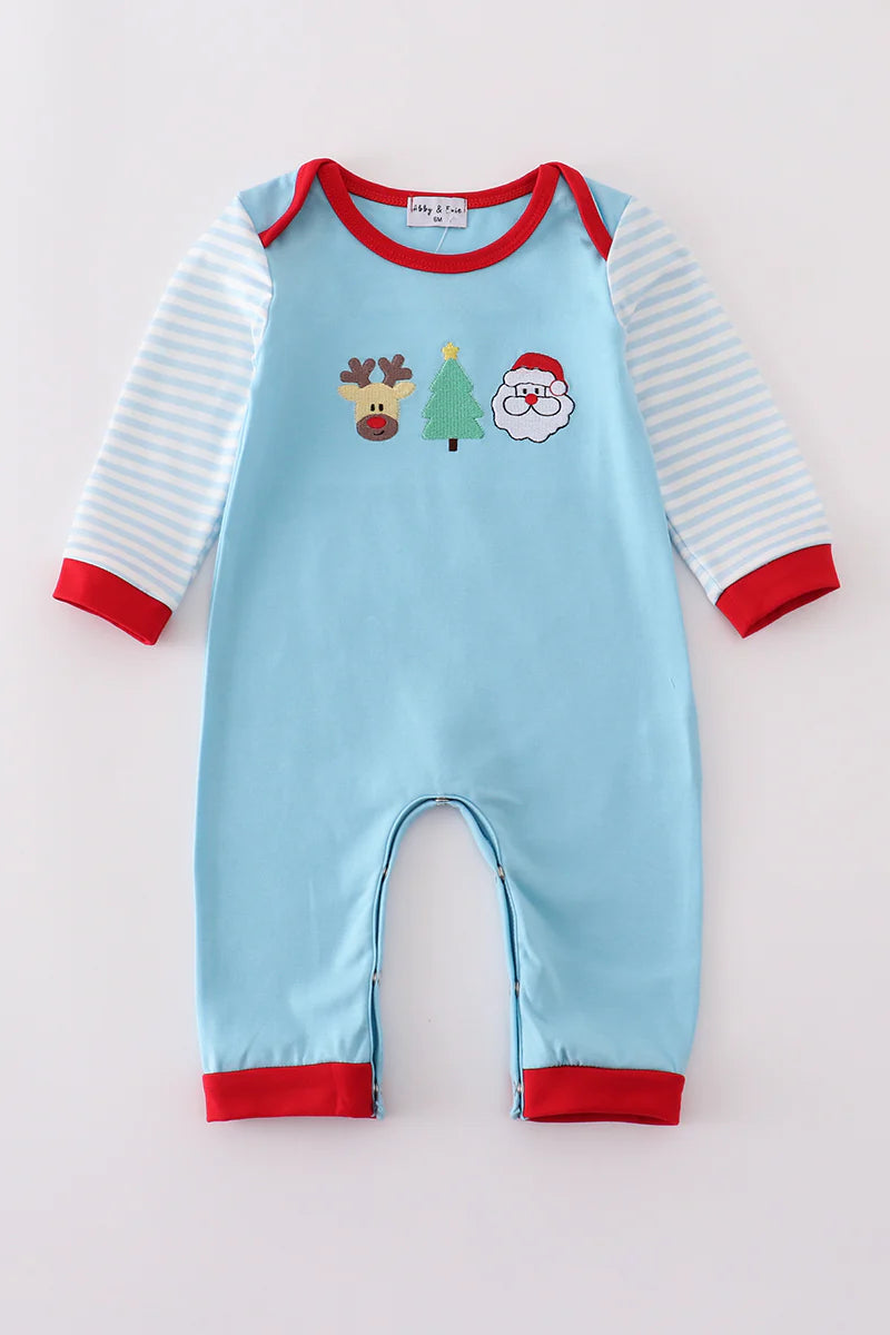 Blue deer tree santa embroidery romper