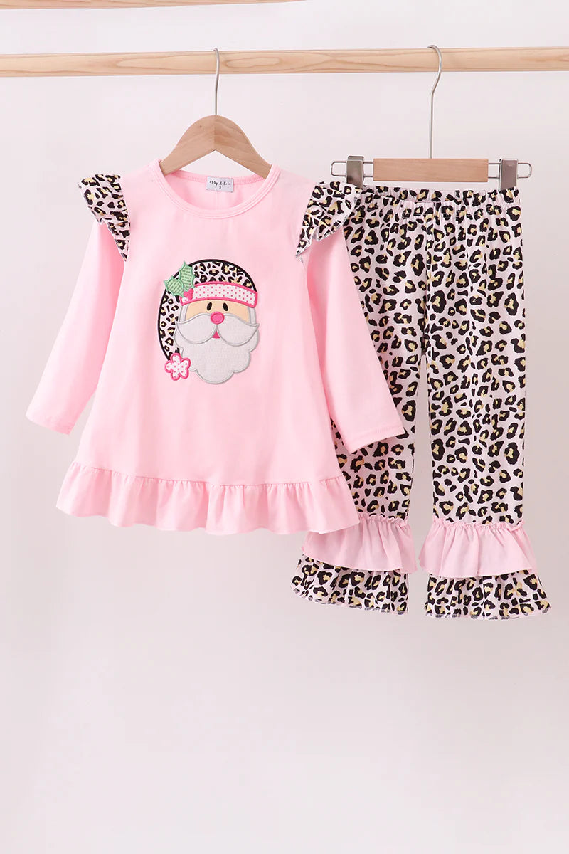 Pink santa claus leopard ruffle pants set