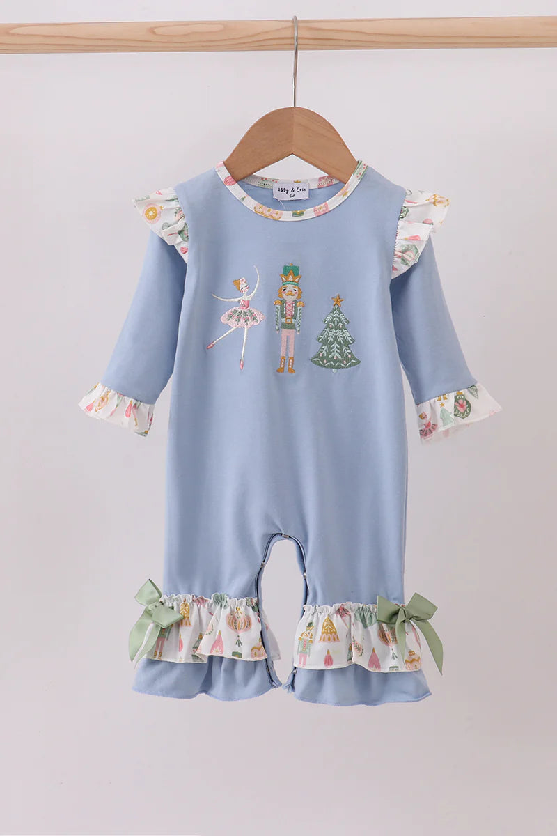 Blue nutcracker embroidery ruffle romper