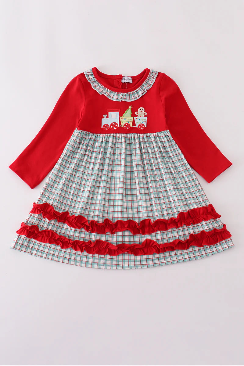 Red gingerbread applique ruffle dress