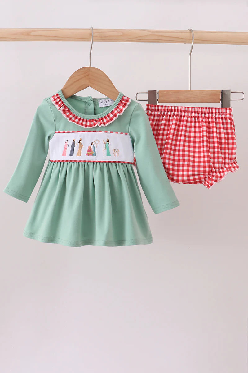 Green nativity embroidery bloomer set