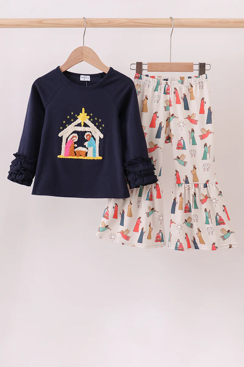 Navy nativity french knot ruffle pants set