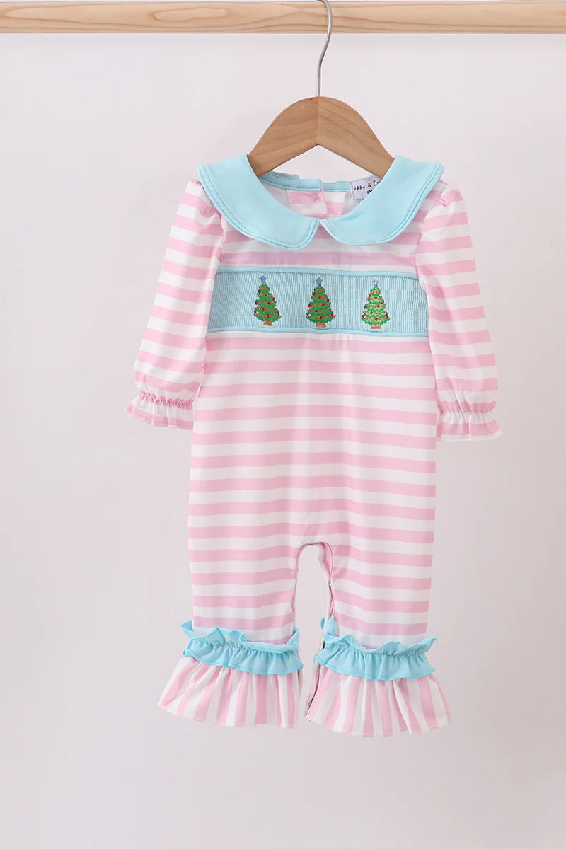 Pink christmas tree smocked stripe ruffle romper