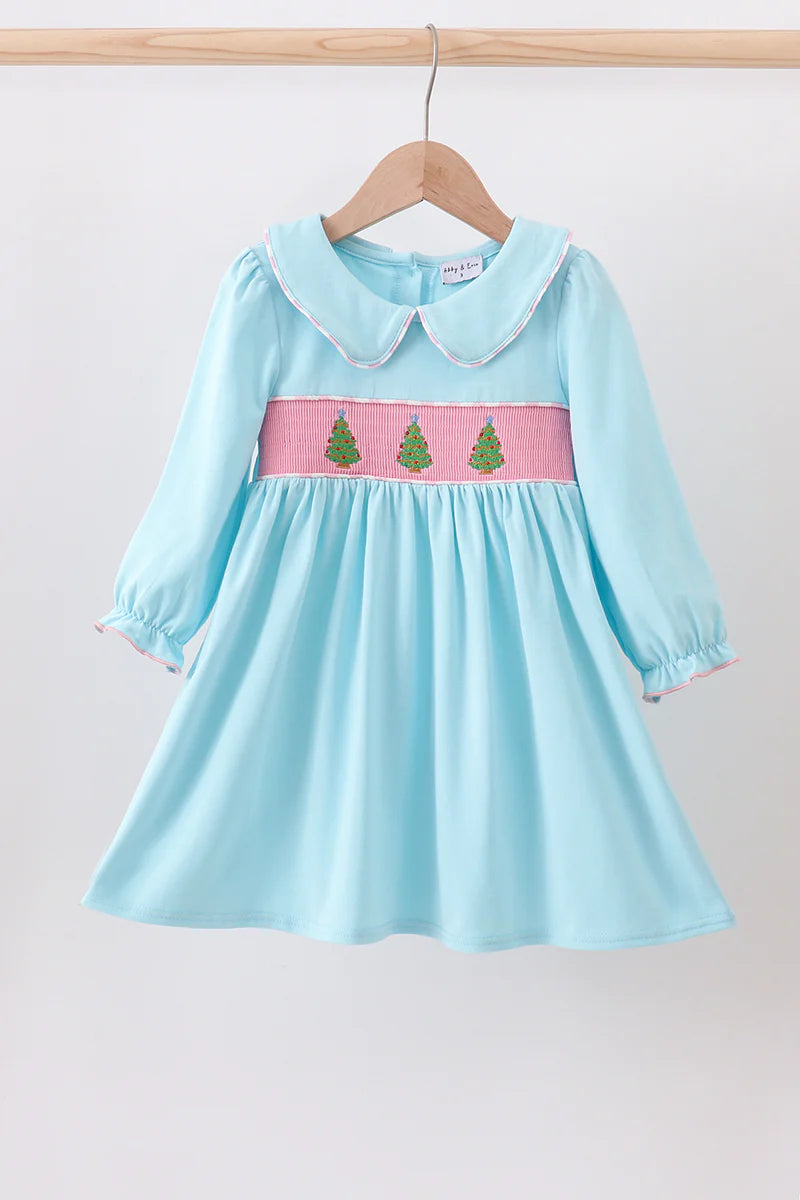 Blue christmas tree smocked dress