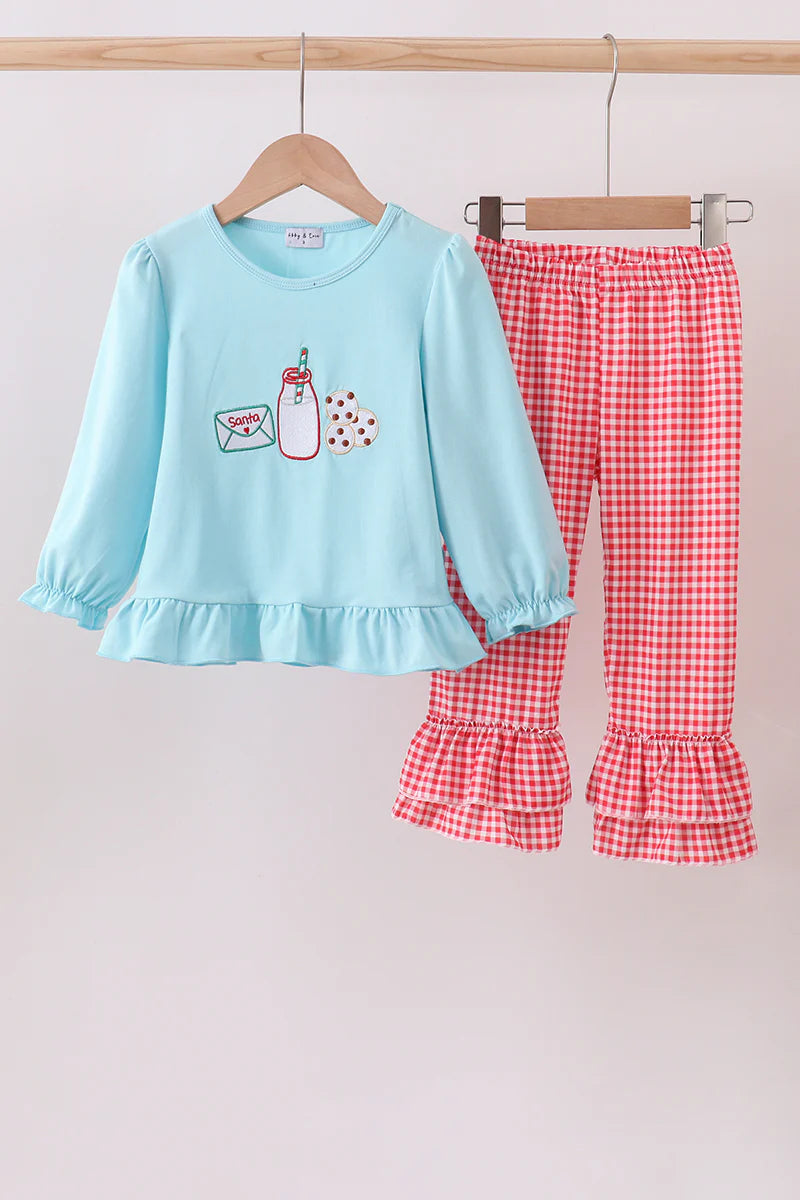 Blue cookie milk santa applique ruffle pants set
