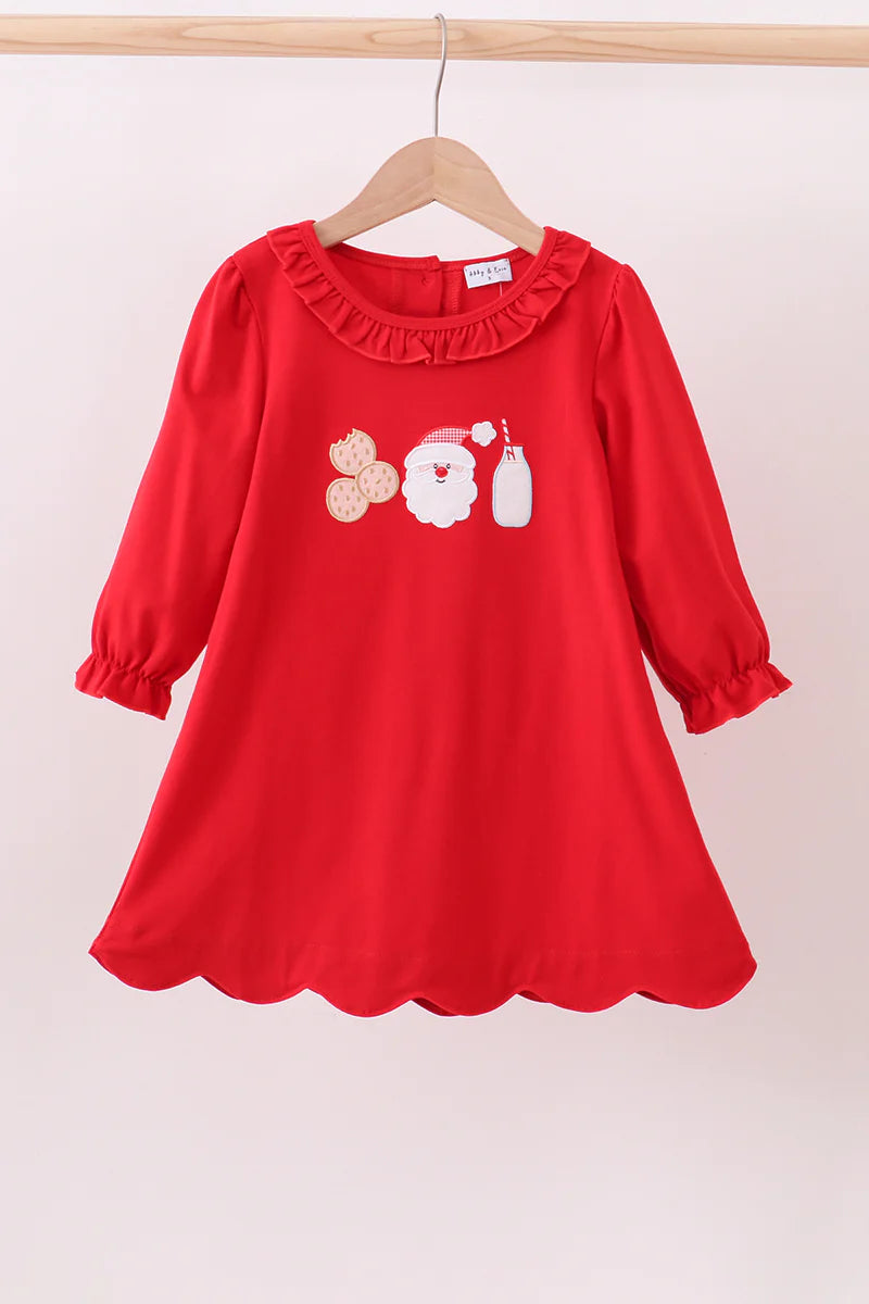 Red santa claus biscuit milk applique ruffle dress