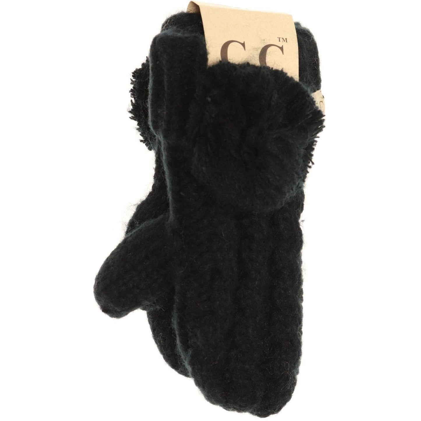 Kids CC Solid Pom Fuzzy Lined Mittens: Black