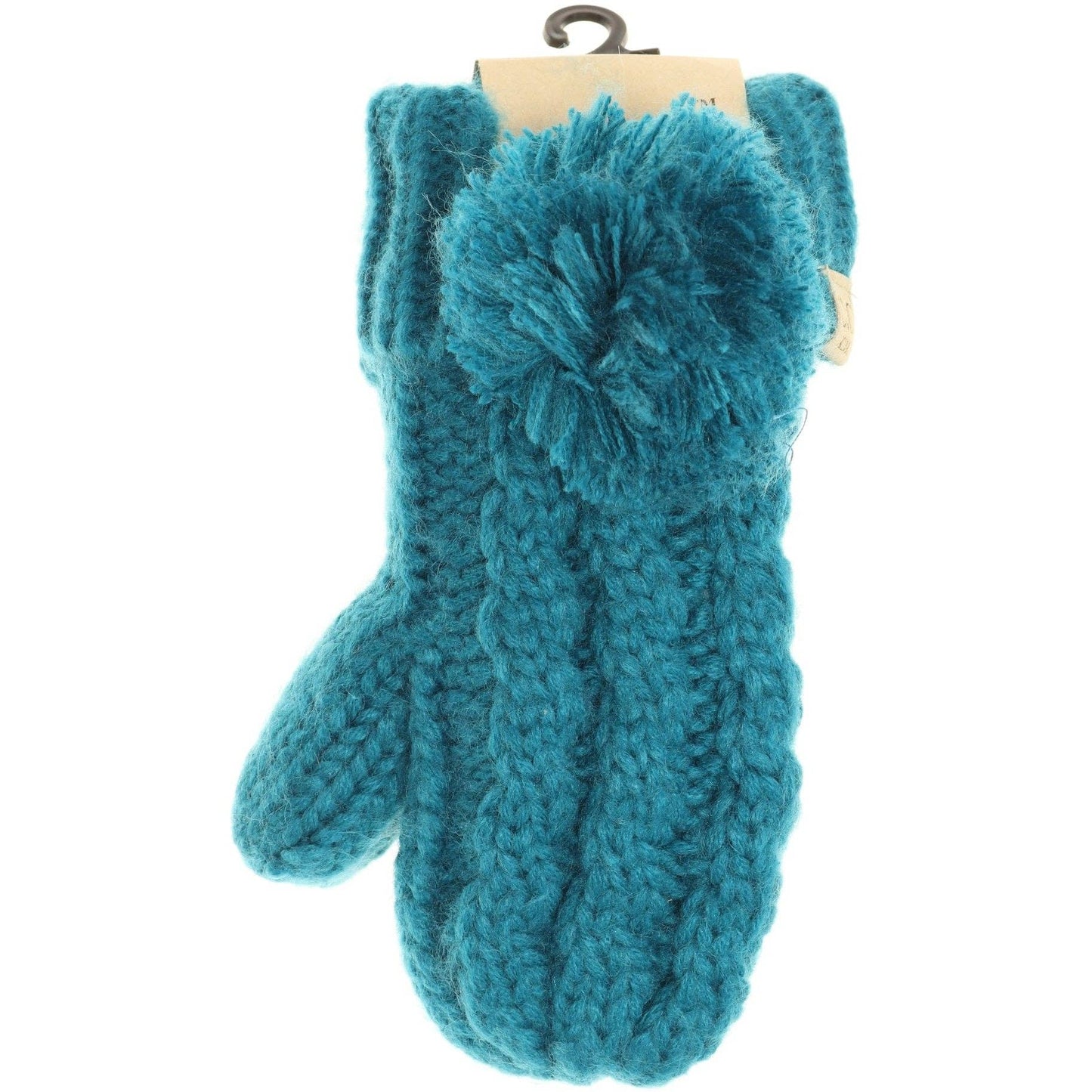 Kids CC Solid Pom Fuzzy Lined Mittens: Teal