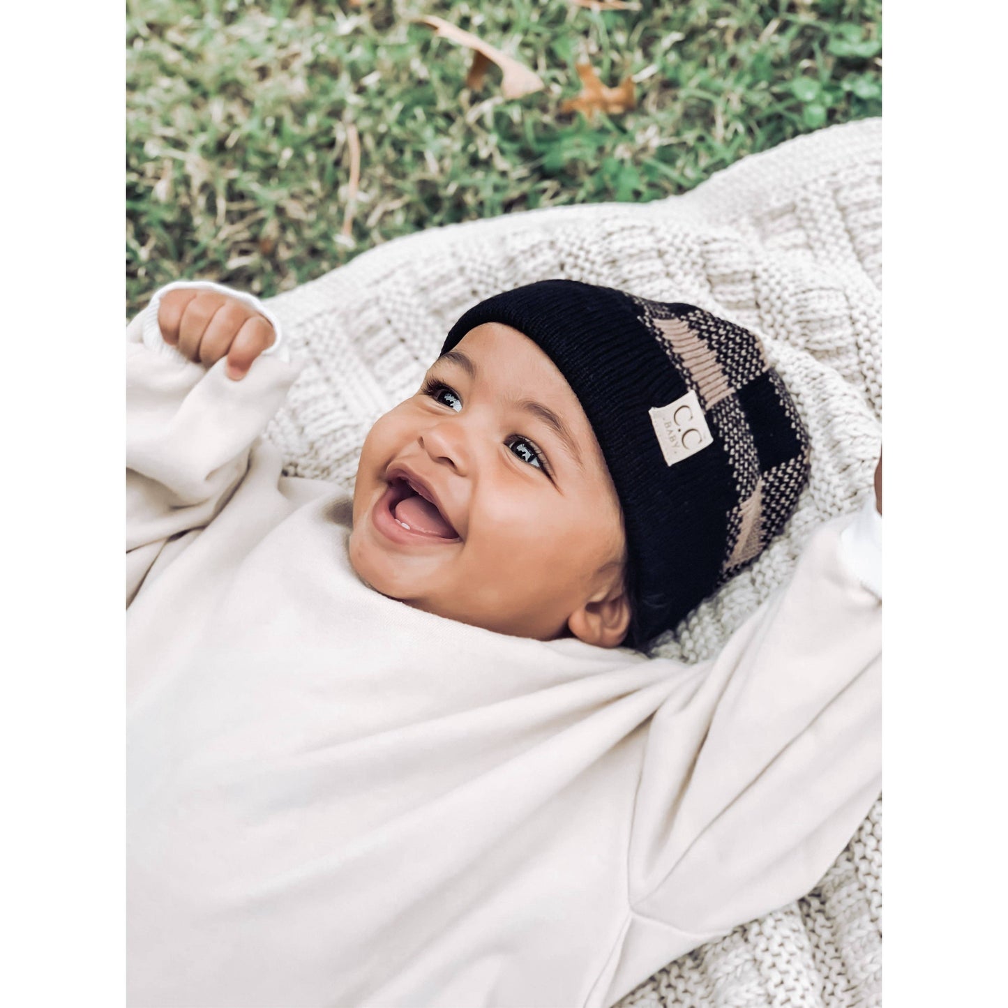 Baby Buffalo Plaid Cuff Beanie for Newborns: Black/Dk. Grey