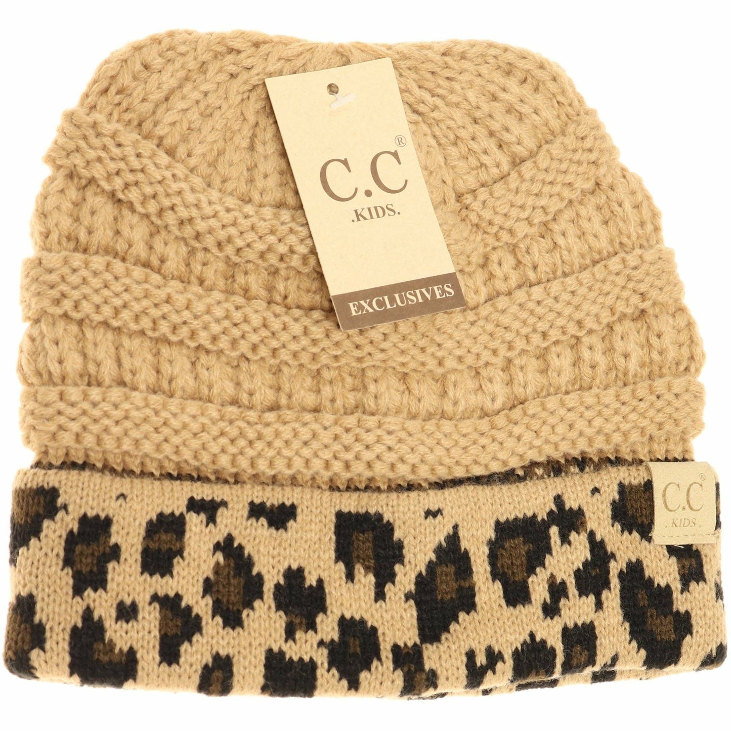 Kids' Leopard Print Matching Cuff CC Beanie: Camel