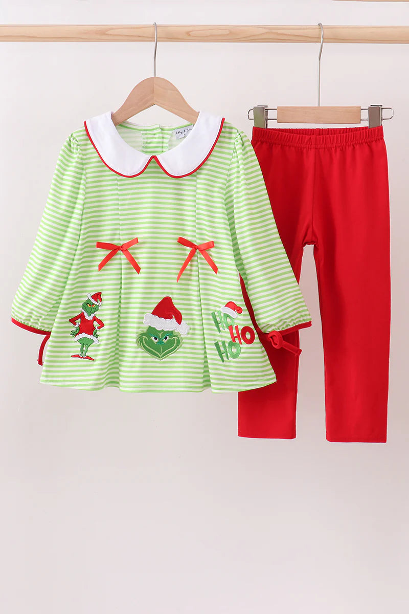 Green christmas grinch embroidery stripe pants set