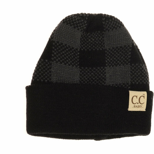 Baby Buffalo Plaid Cuff Beanie for Newborns: Black/Dk. Grey