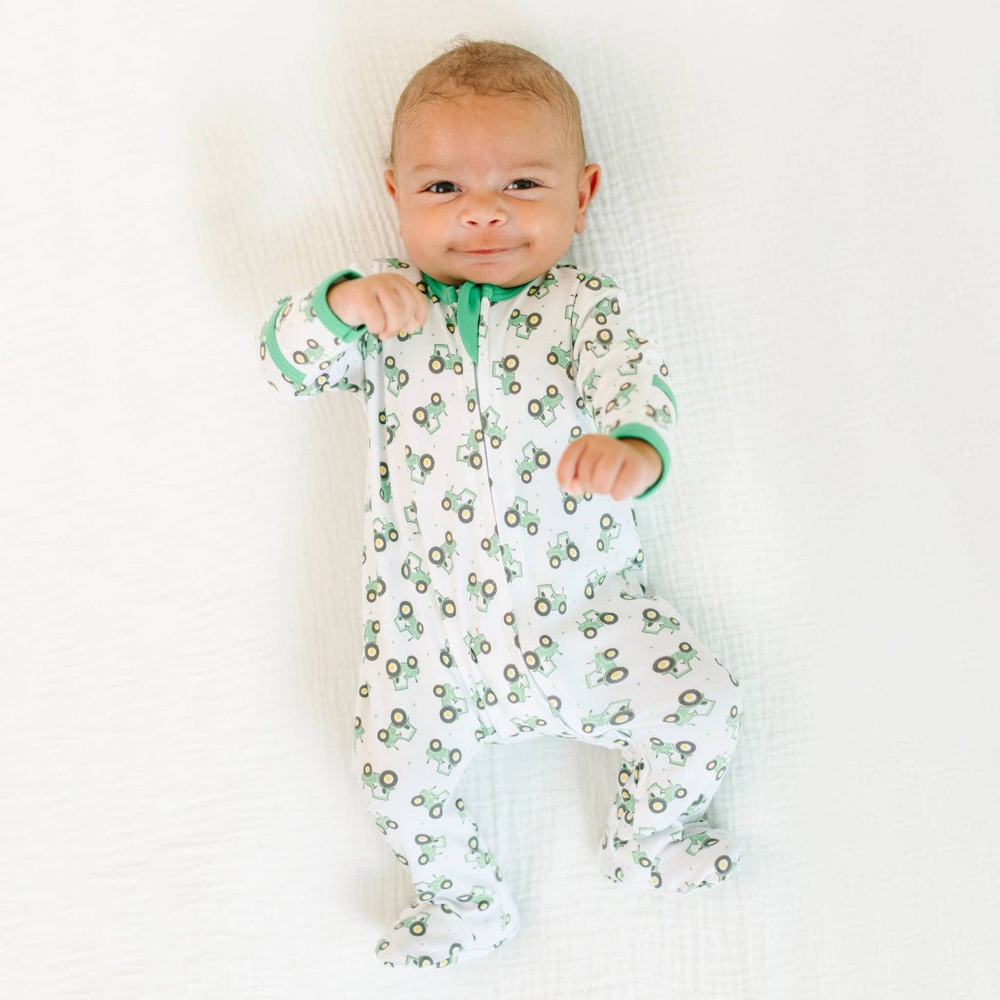 Lil' Green Tractor Print Zip Footie