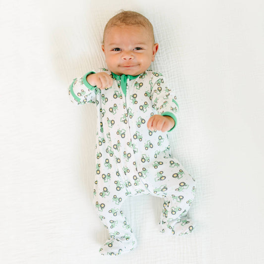 Lil' Green Tractor Print Zip Footie