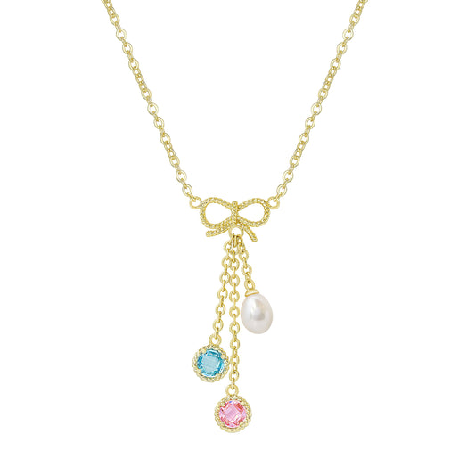 CZ And Pearl - Bow Charms Necklace: Pink/Blue