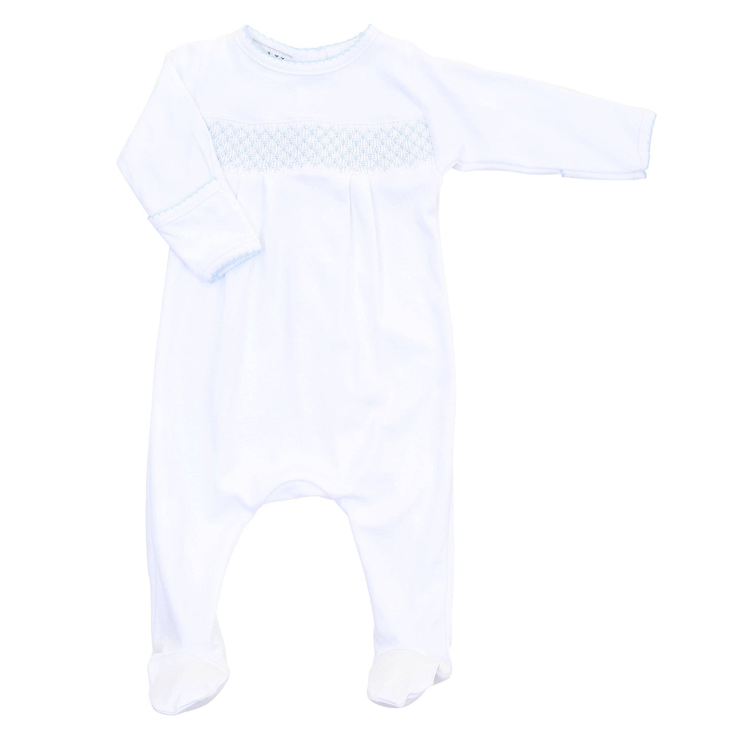 Essentials Smocked White Footie with Blue Trim