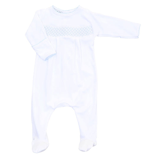 Essentials Smocked White Footie with Blue Trim