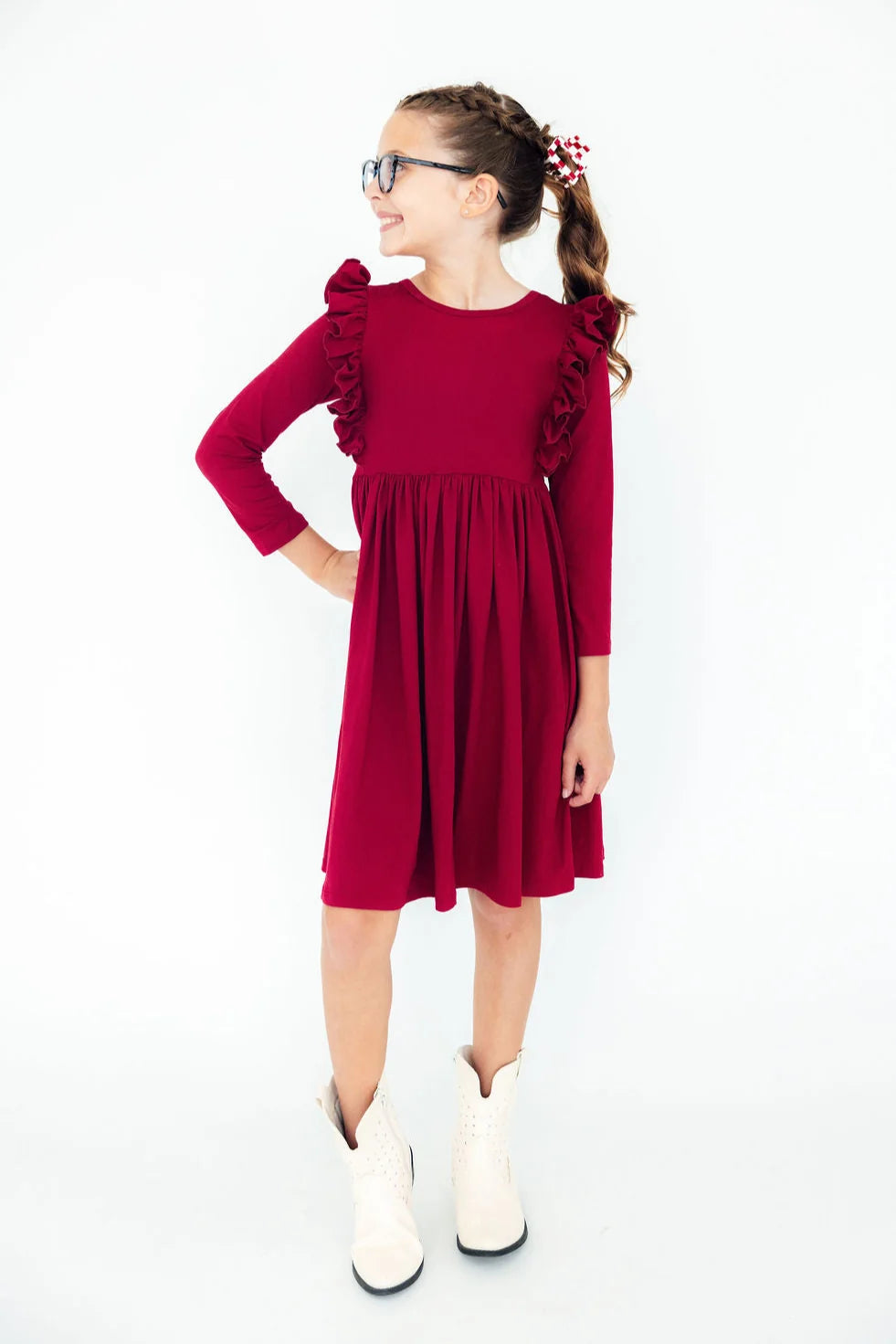 BURGUNDY L/S RUFFLE TWIRL DRESS