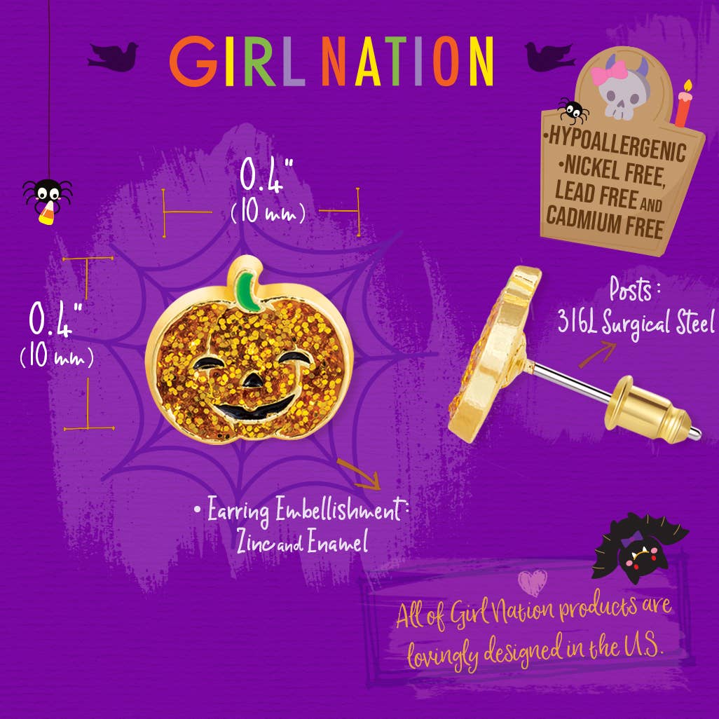 Glitter Pumpkin | Halloween | Stud Earrings for Girls