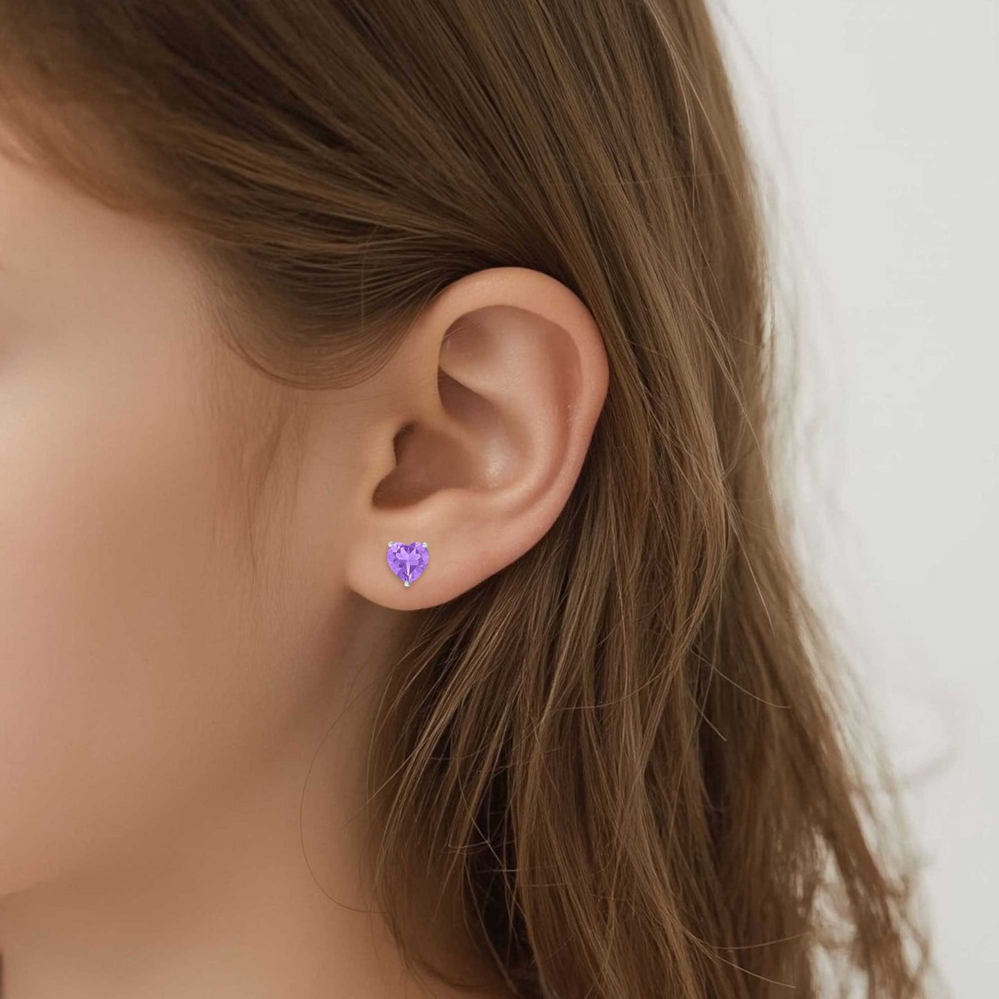 Heart CZ Stud Earrings in Sterling Silver (Purple)