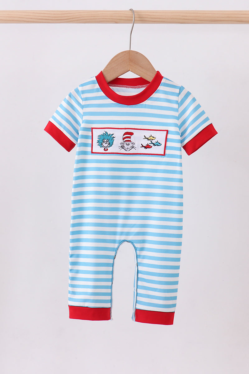 Blue character embroidery stripe romper