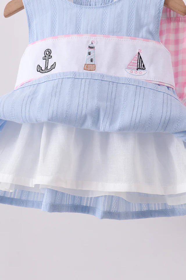 Blue sailboat embroidery jacquard shorts set